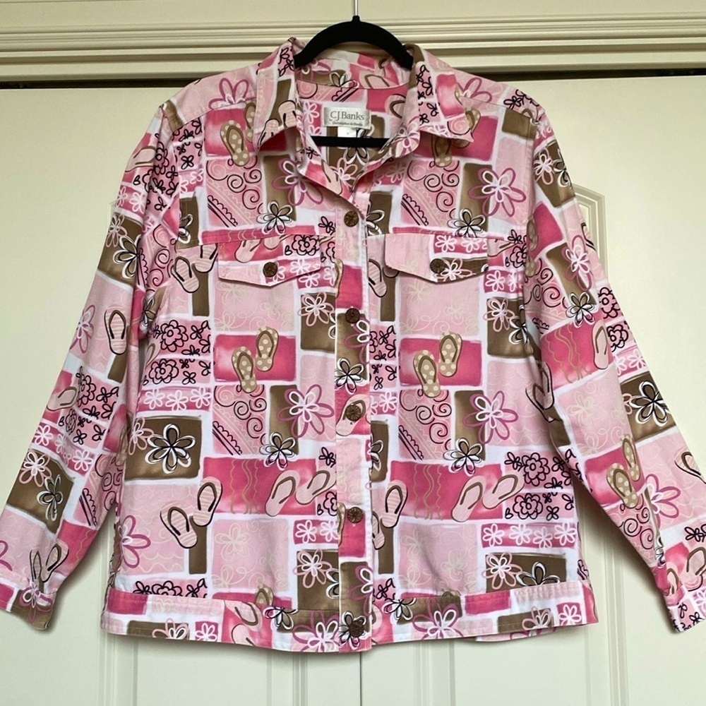 CJ Banks Beachy Flip flop Jacket Womens X =L flowers Overshirt Cottage Core Pink